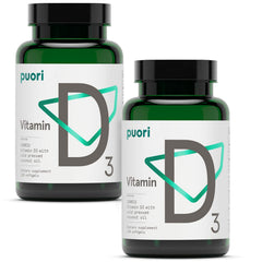 Puori Vitamin D3 Softgels bottle close-up showing high-potency D3 for immune support.