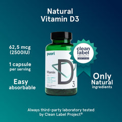 Puori Vitamin D3 Softgels capsules detail illustrating capsule size for daily supplementation.