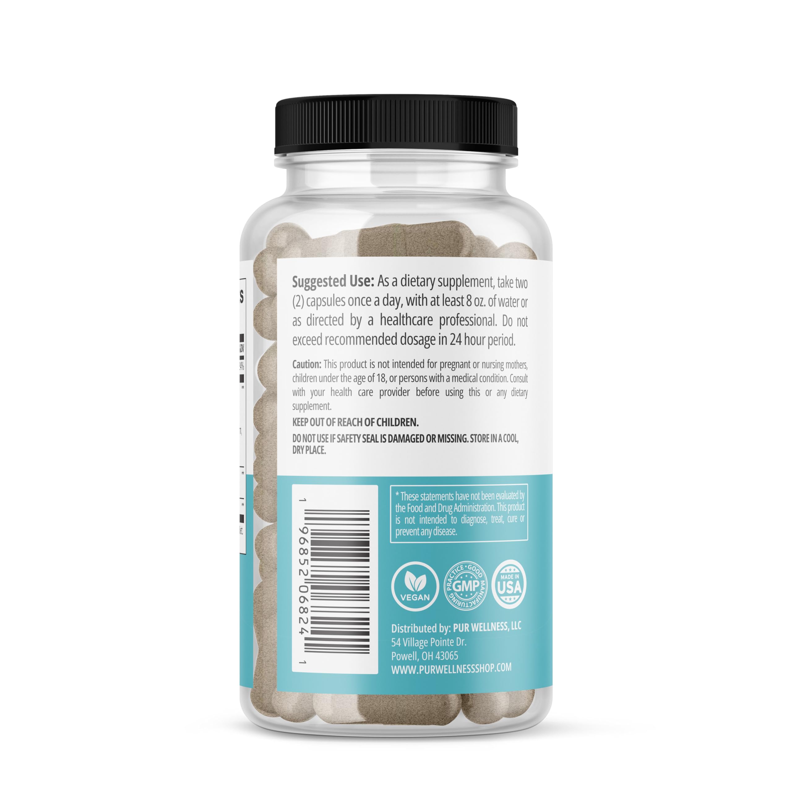 Pur Wellness Elevate capsules closeup highlighting the caffeine-free formula.