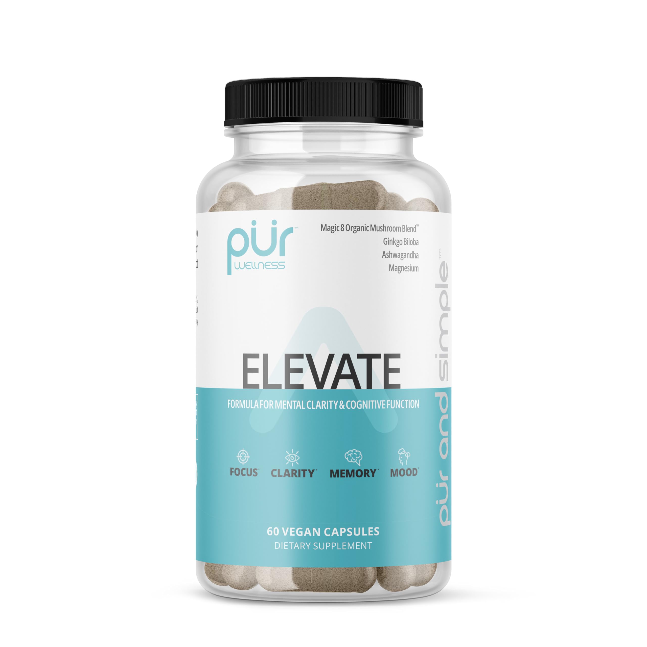 Pur Wellness Elevate bottle displays mushroom blend capsules for focused energy.