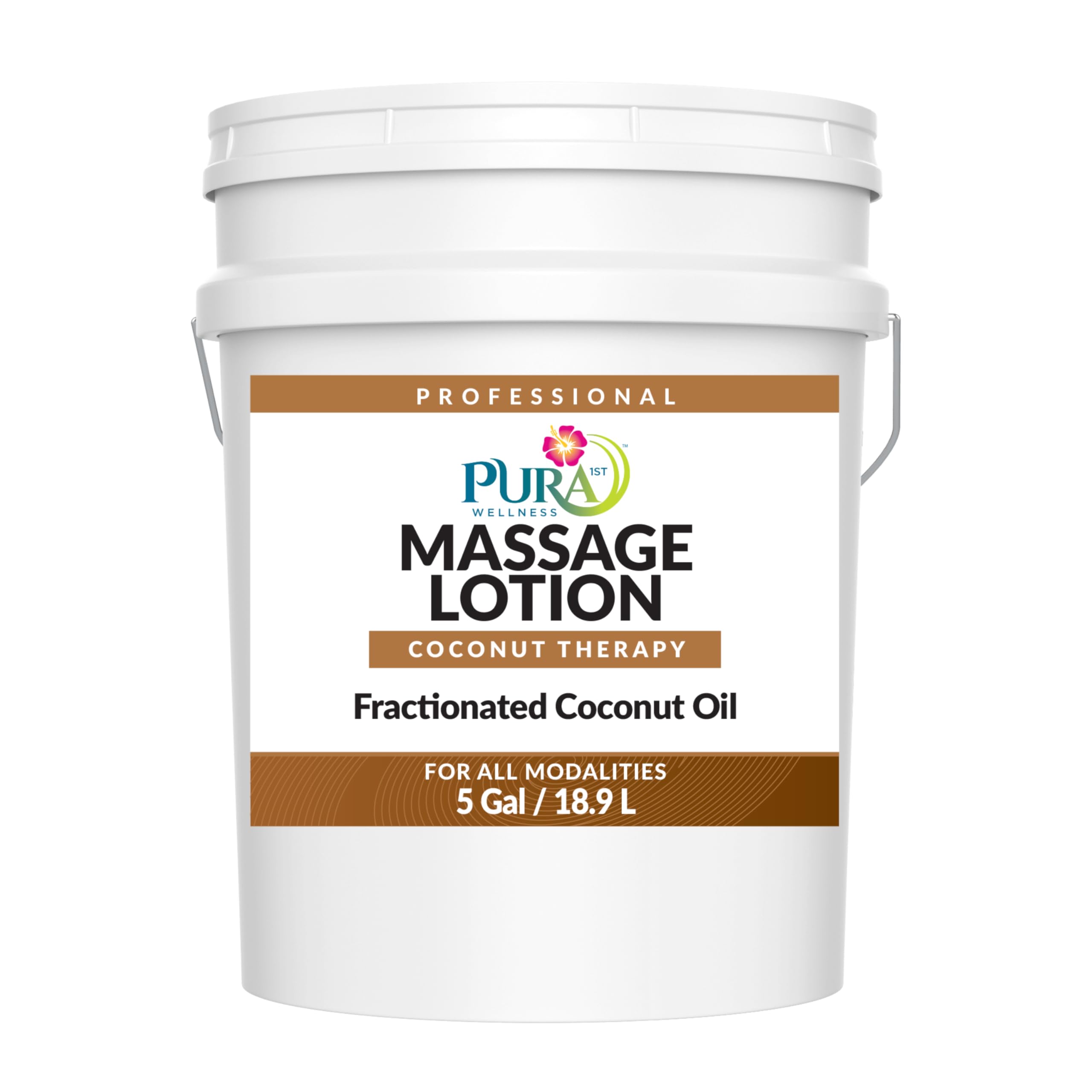PURA 1st Coconut Therapy 5 gall on bottle for professional massage sessions.