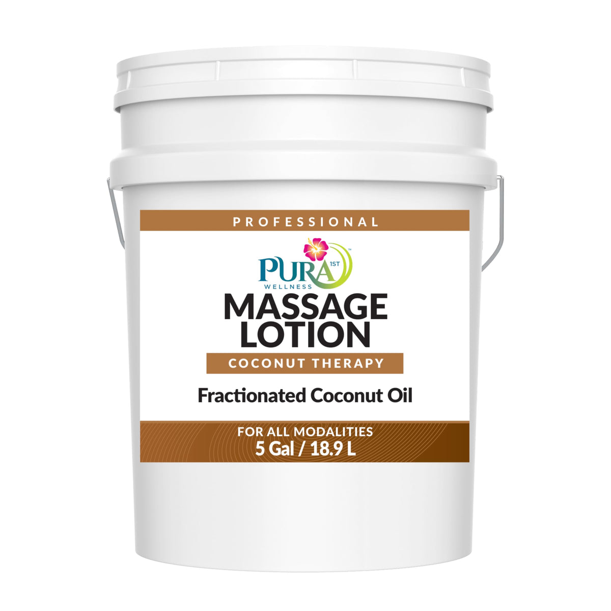 PURA 1st Coconut Therapy 5 gall on bottle for professional massage sessions.