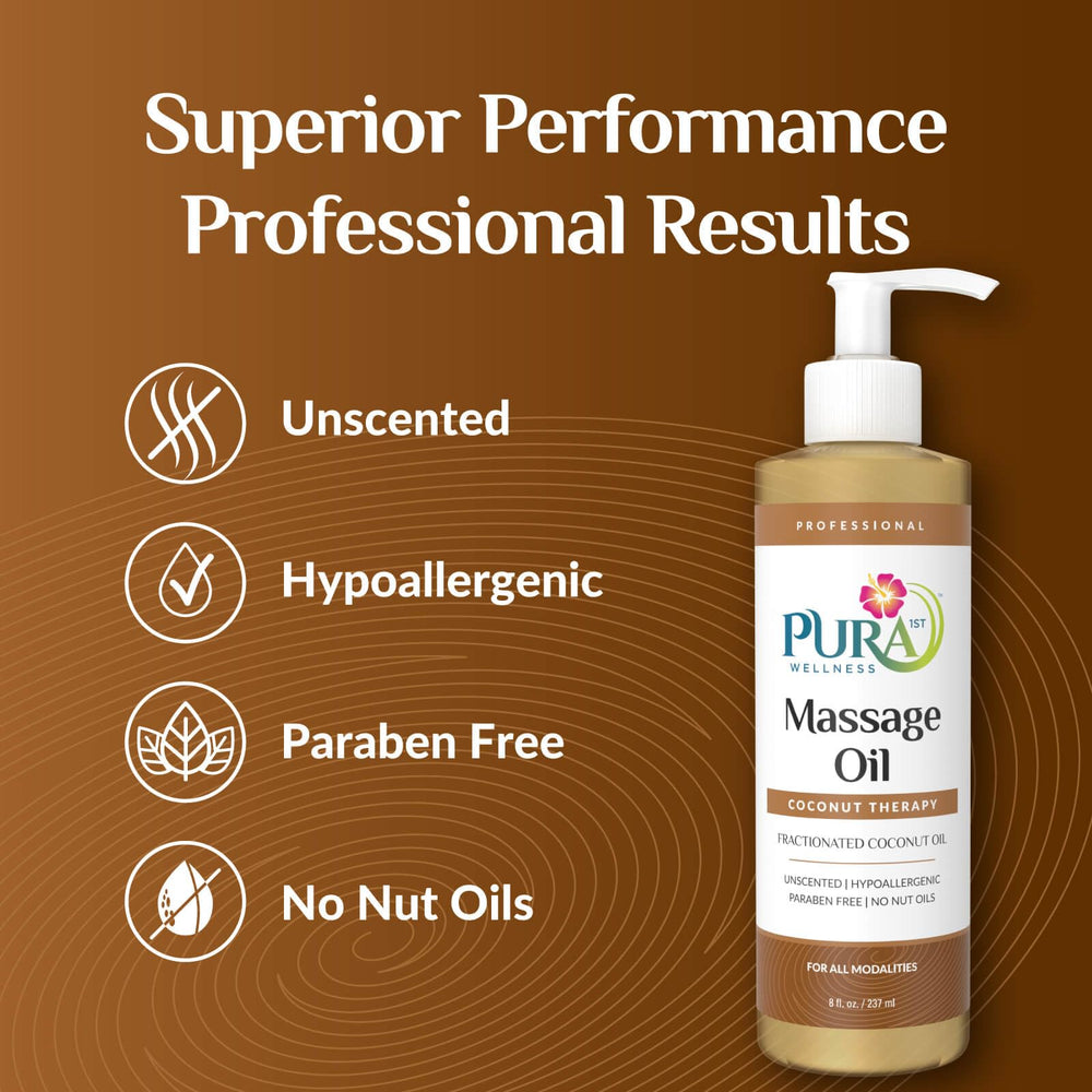 PURA 1st Coconut Therapy Massage Oil being applied for skin hydration.
