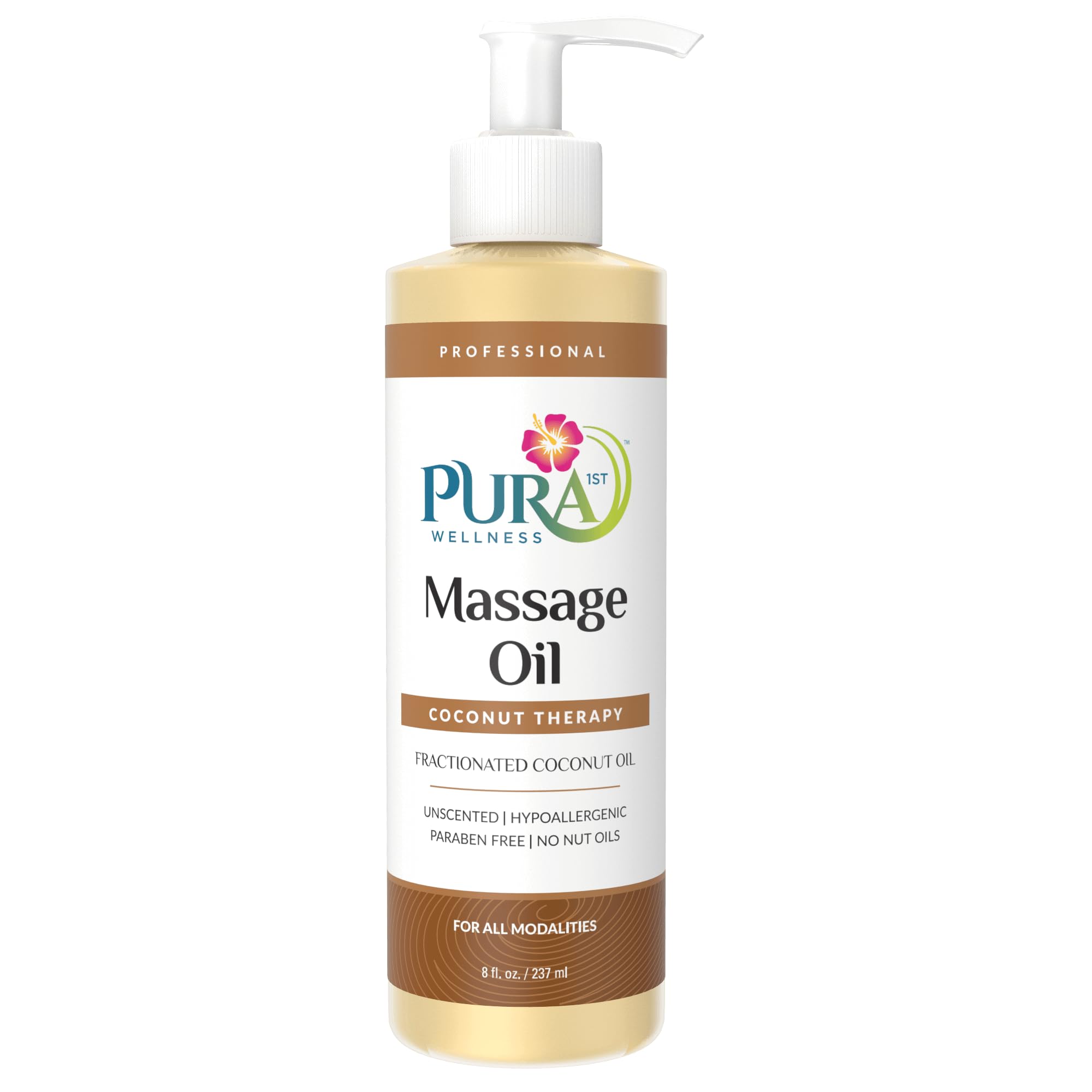 PURA 1st Coconut Therapy Massage Oil bottle ready for professional sessions.