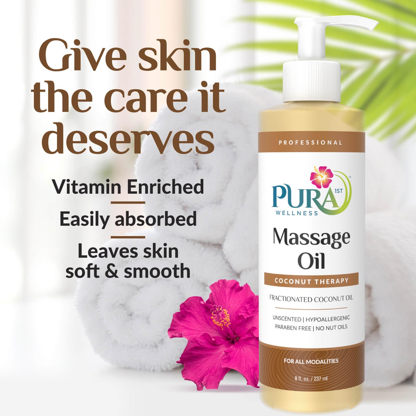 PURA 1st Coconut Therapy Massage Oil pump top for smooth application.