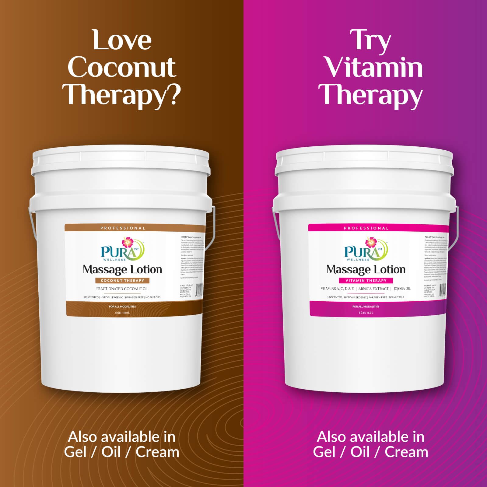 Water-dispersible PURA 1st Coconut Therapy lotion for easy cleanup after sessions.