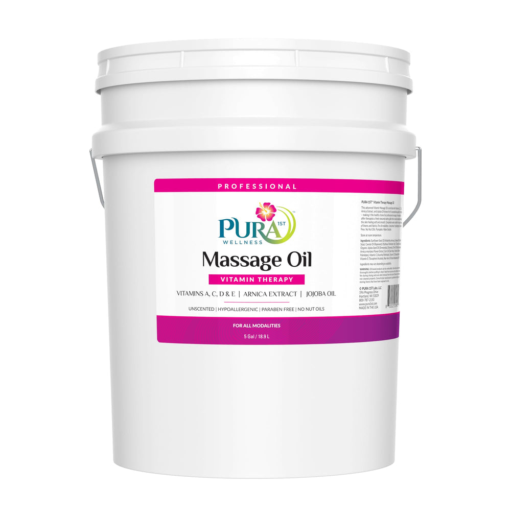 PURA 1st Vitamin Therapy 5-gallon bottle shown for professional massage sessions