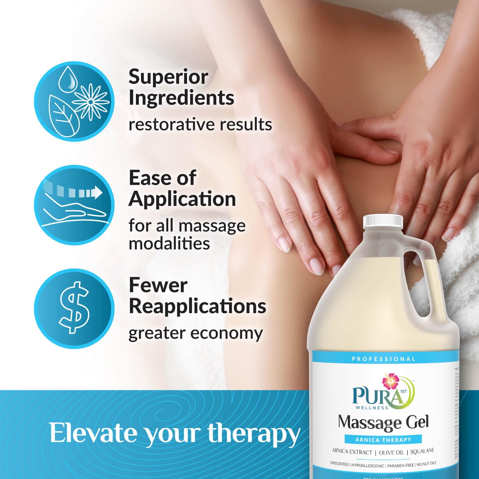 Therapist applying PURA 1st Arnica Therapy gel during a professional massage session.