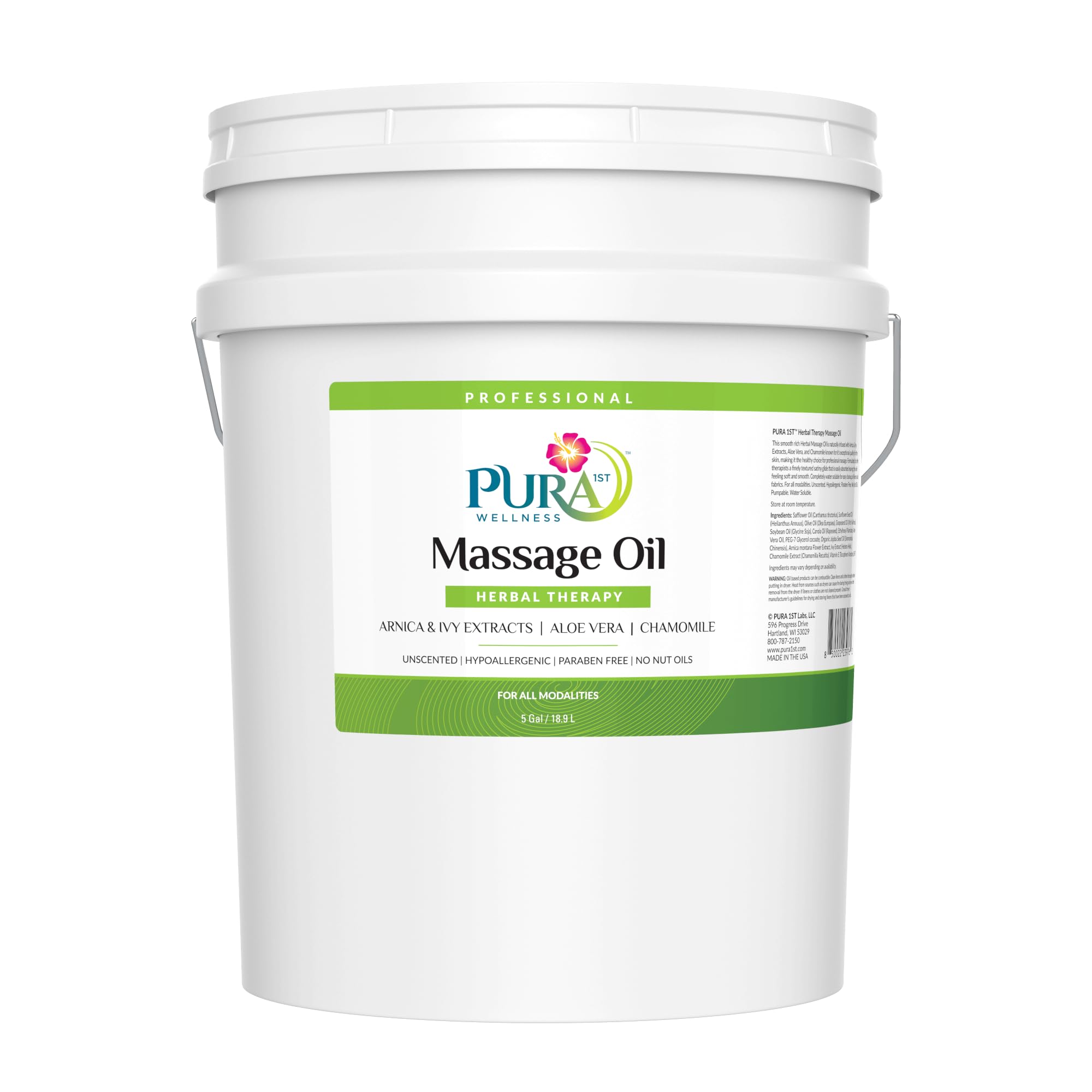 PURA 1st Wellness massage oil bottle packaging for professional use in clinics