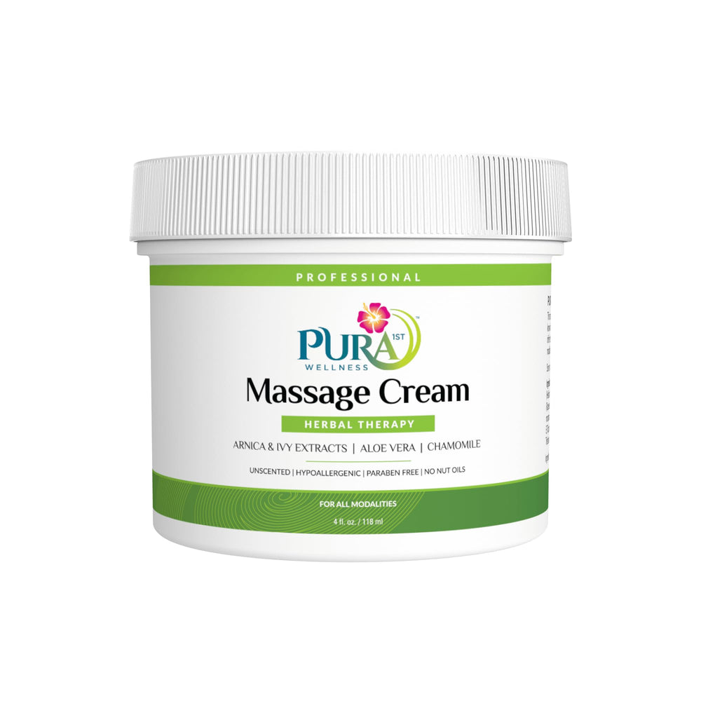 PURA 1st Wellness massage cream jar offers a smooth glide for deep tissue work