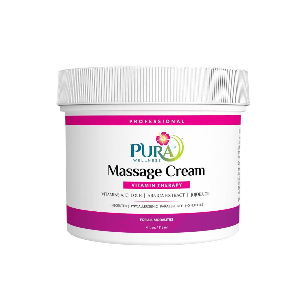 PURA 1st Wellness 4oz massage cream packaging, ideal for clinics