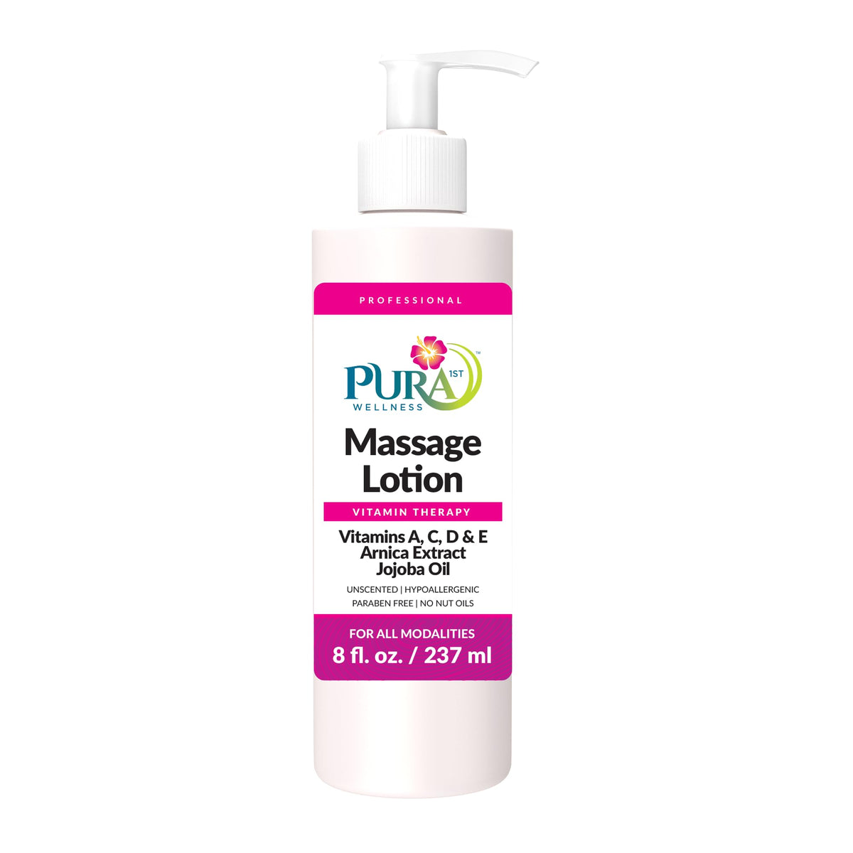 PURA 1st Wellness massage lotion bottle with pump for precise application