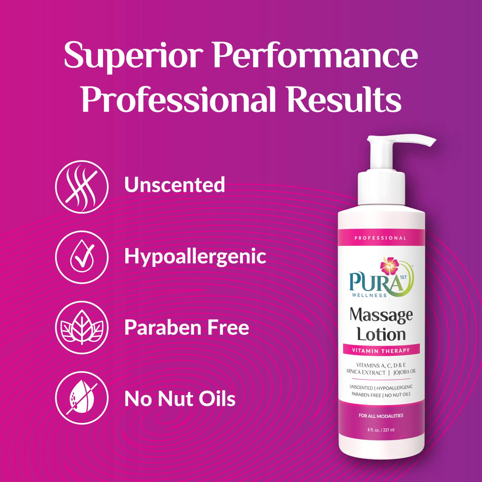 PURA 1st Wellness unscented massage lotion ready for therapy session