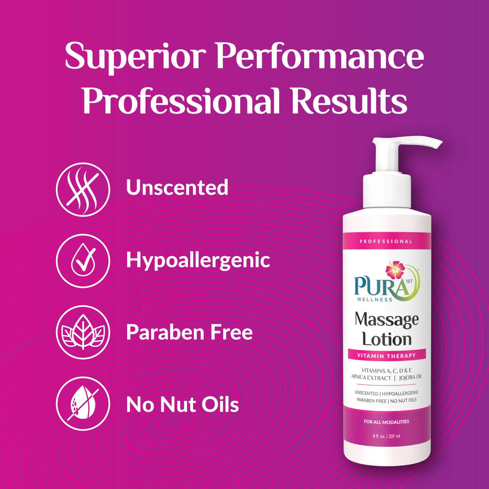 PURA 1st Wellness unscented massage lotion ready for therapy session