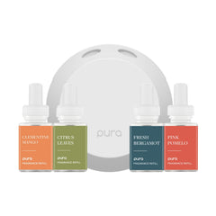 Pura 4 diffuser with starter set and vials for customizable home fragrance.