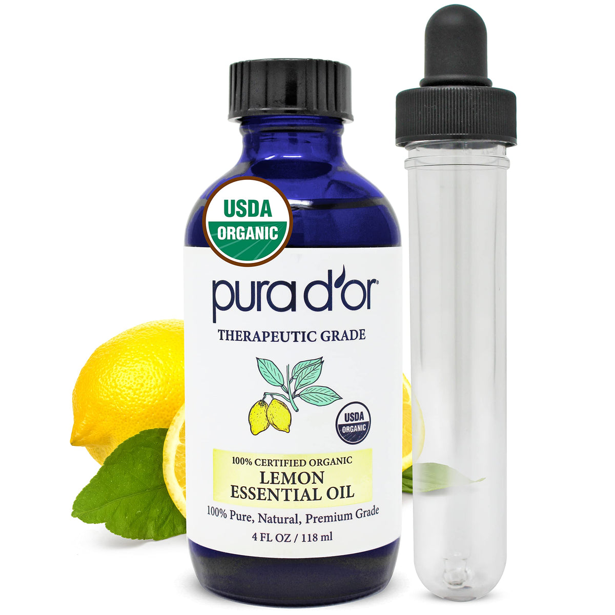 PURA D'OR Aceite esencial de limón en frasco para aromaterapia y ambiente fresco.