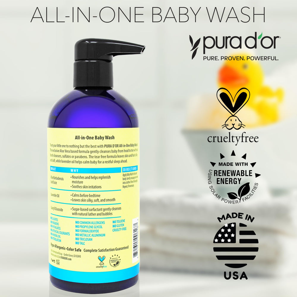 PURA D'OR baby bath time image promoting calming after bath