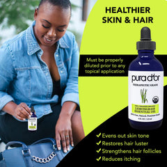 PURA D'OR lemongrass oil applied to skin care routine for glow