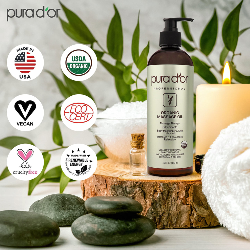 PURA D'OR massage oil relaxing scene conveys stress relief and gentle body care
