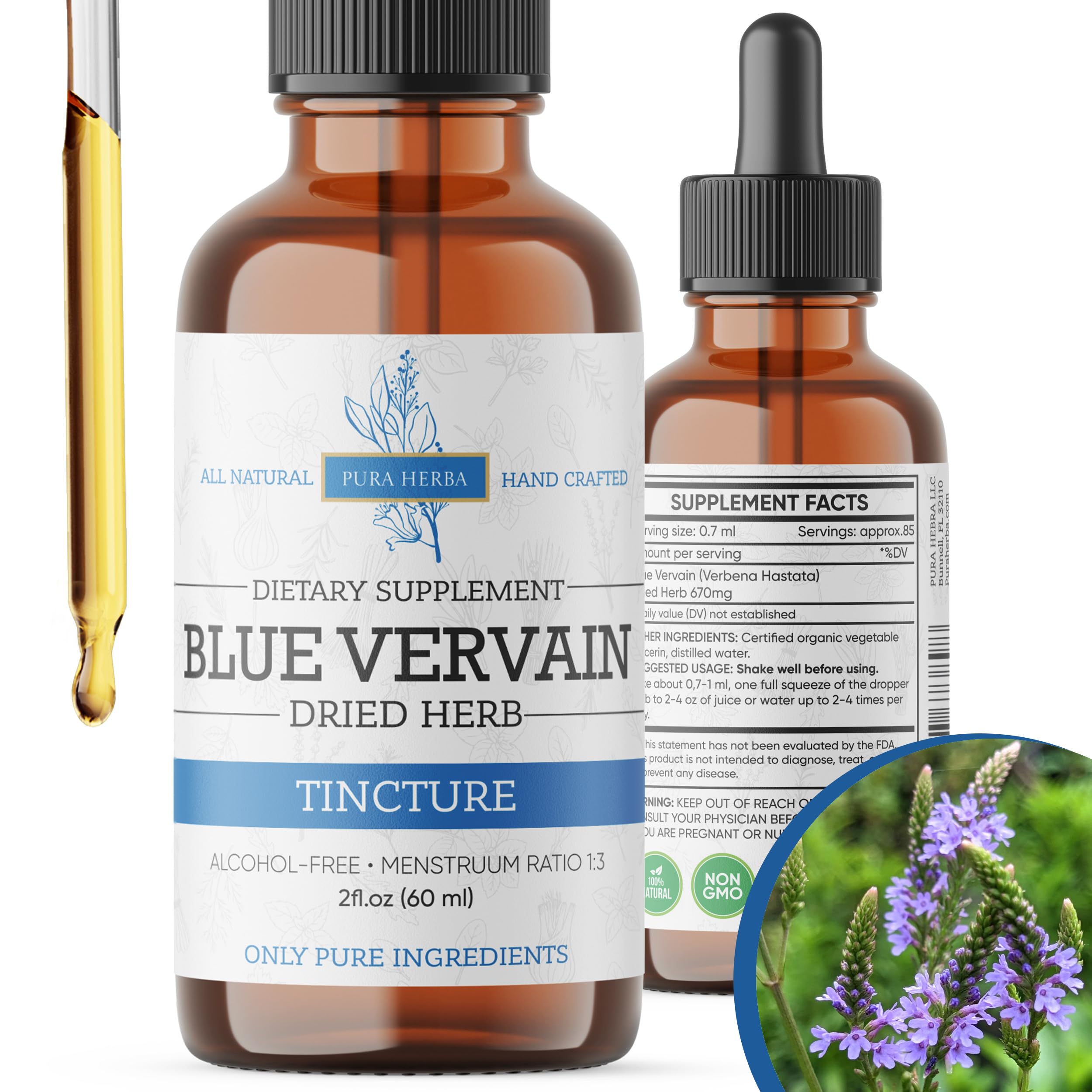 Pura Herba Blue Vervain bottle shows premium organic tincture for relaxing evenings.