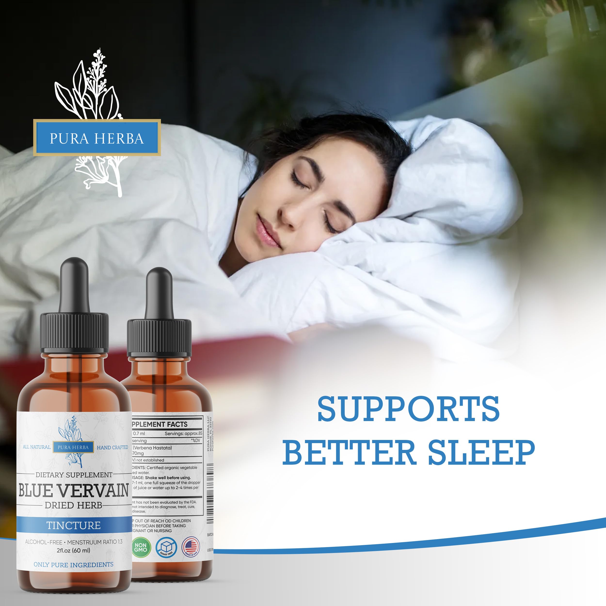 Pura Herba Blue Vervain dropper illustrating convenient 1-2 daily drops.