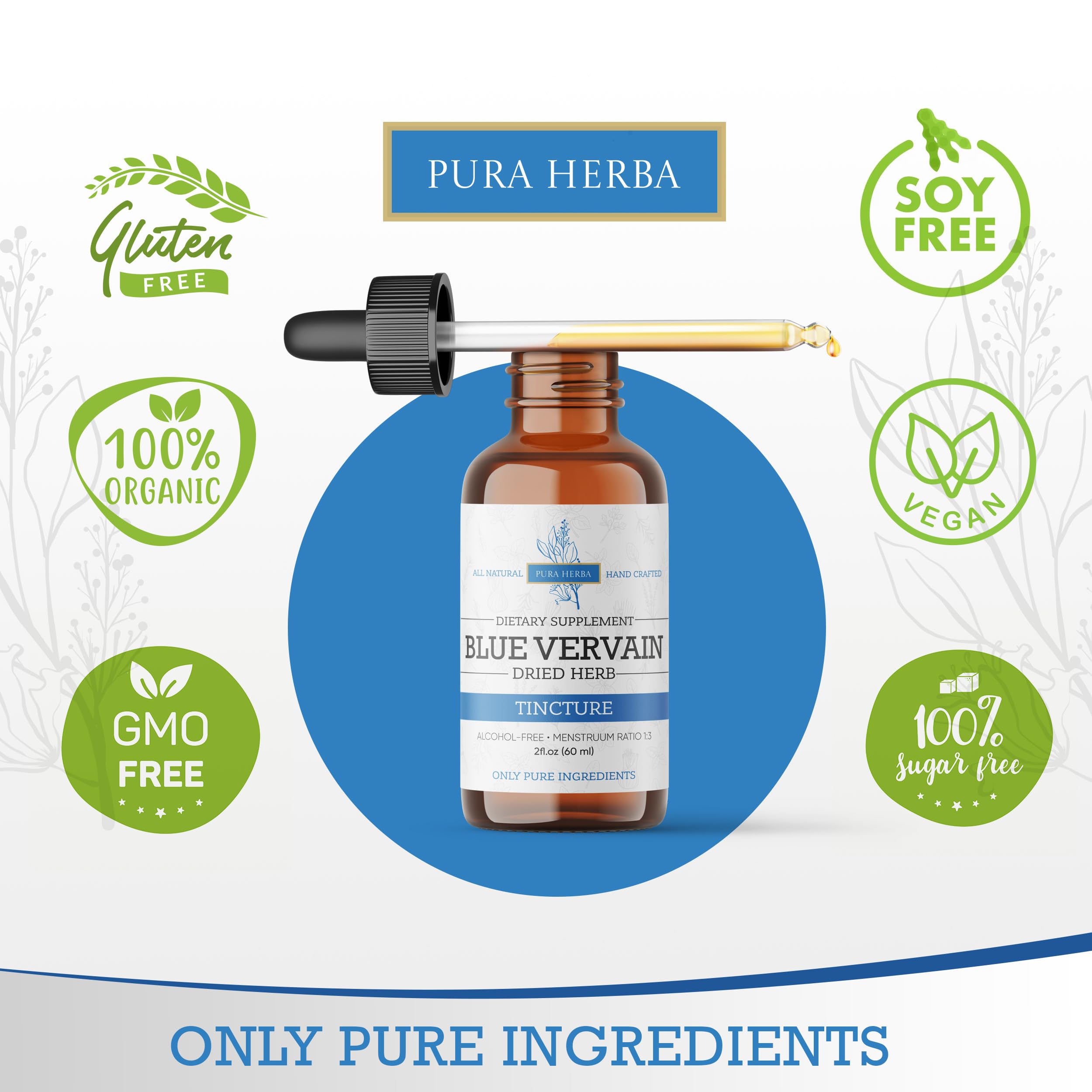 Pura Herba Blue Vervain label closeup highlighting organic quality.
