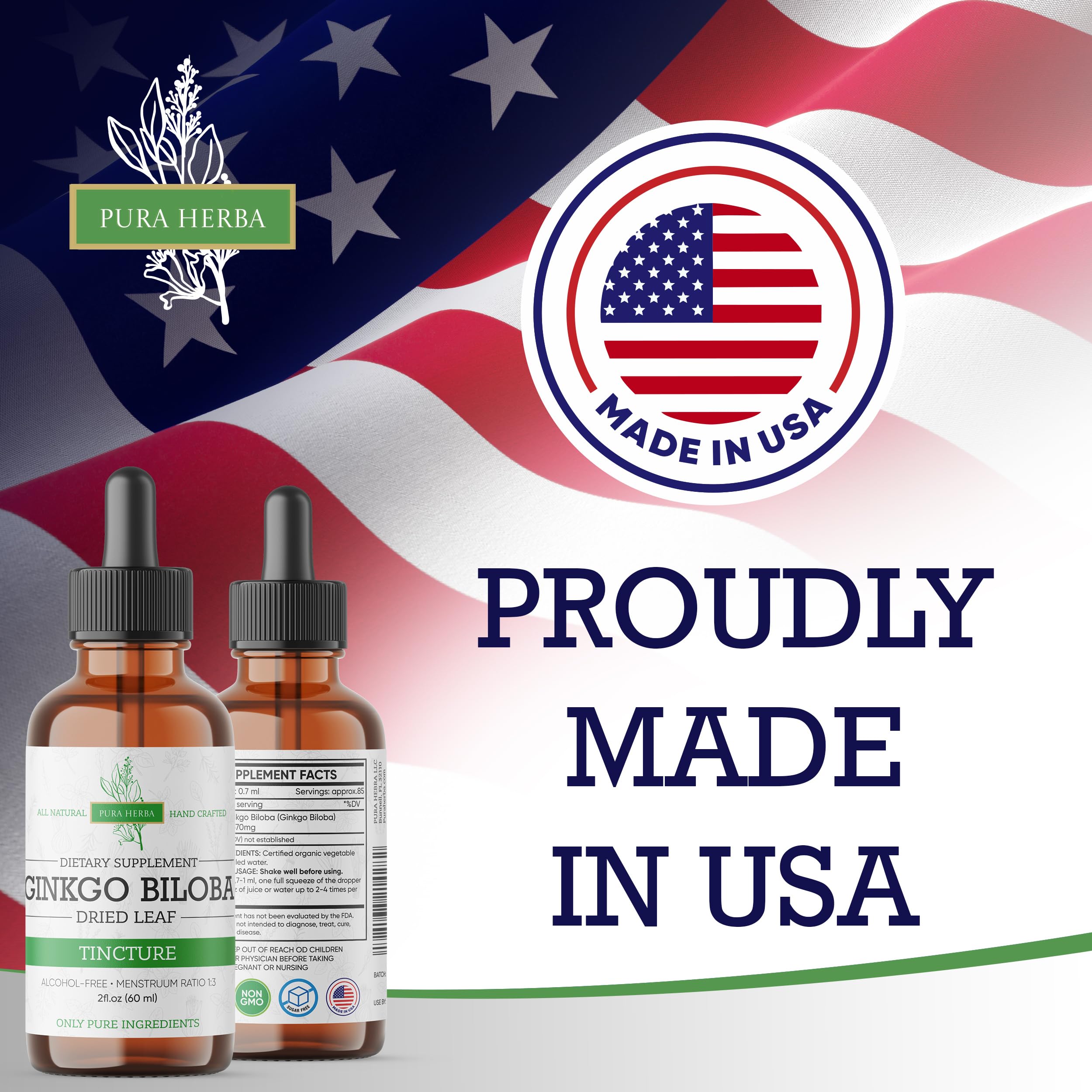 Pura Herba Ginkgo Biloba botella de 2 oz en empaque práctico