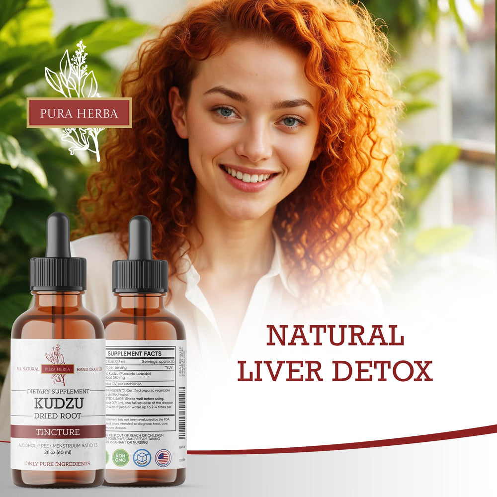 Pura Herba Kudzu root extract label close-up showing vegan non-GMO formula.