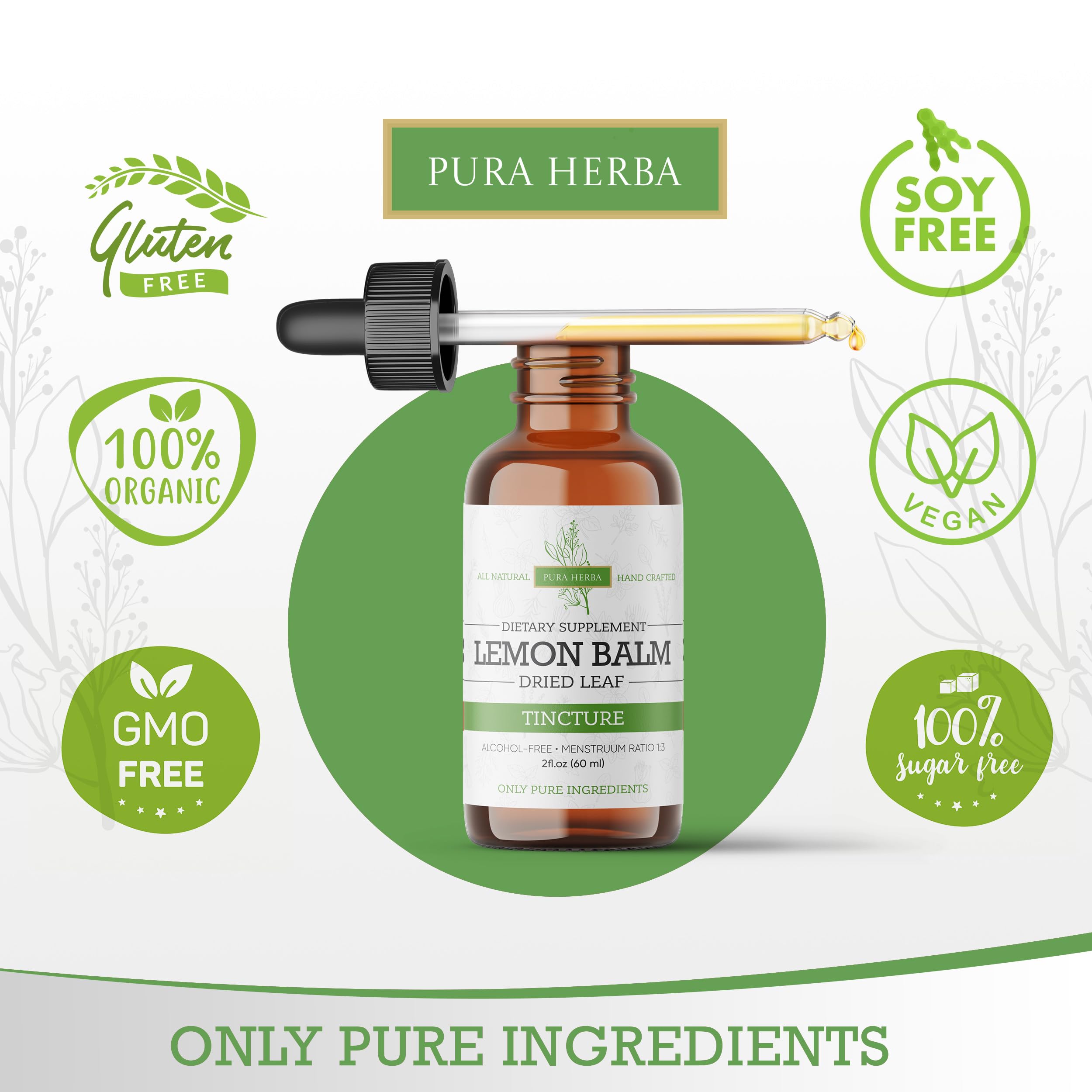 Pura Herba Lemon Balm Tincture bottle label highlights natural stress relief and sleep aid.