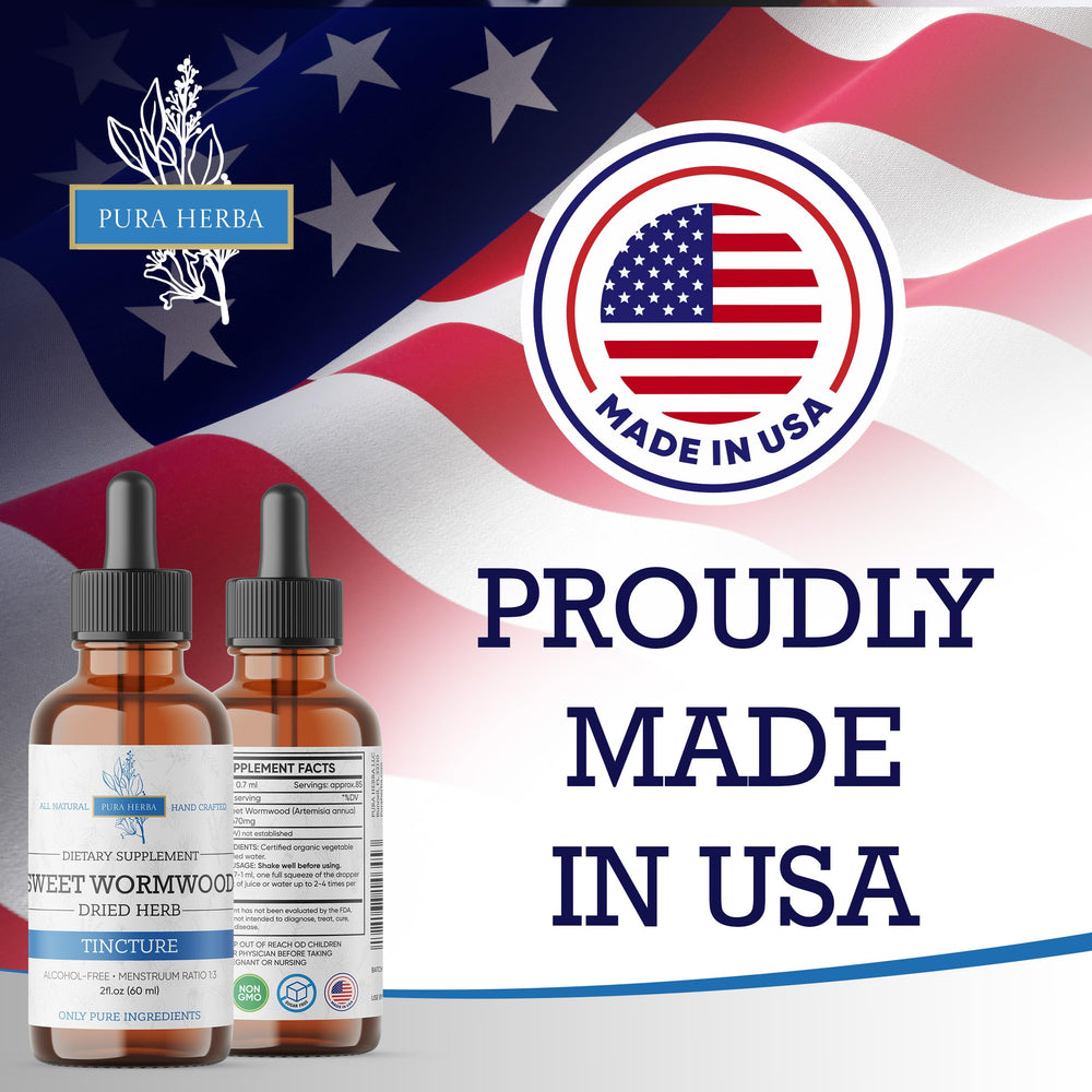 USA-made quality seal on Pura Herba Sweet Wormwood Drops packaging.