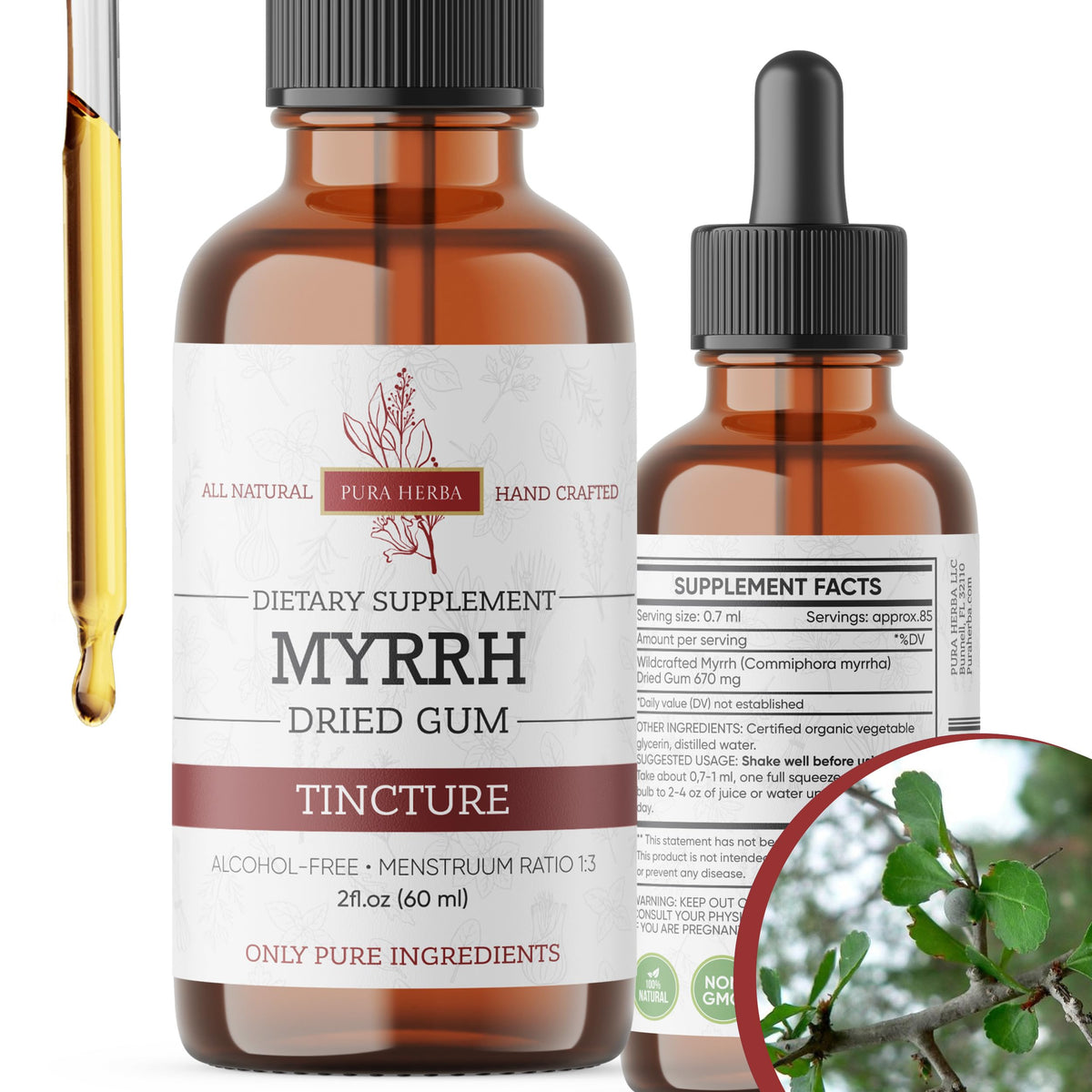 Pura Herba organic myrrh liquid extract bottle for daily use and oral care.