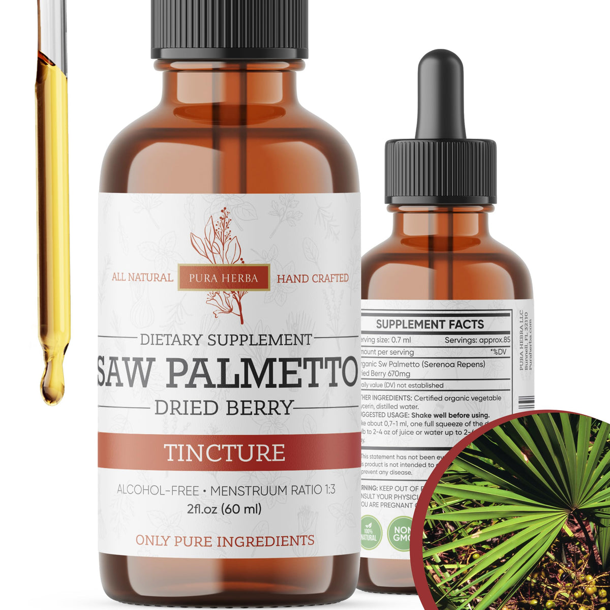Pura Herba Saw Palmetto tincture bottle with dropper for convenient daily use.