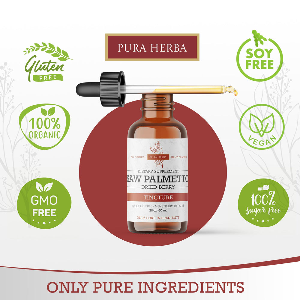 Pura Herba Saw Palmetto tincture label highlights USA-made small-batch production.