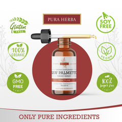 Pura Herba Saw Palmetto tincture label highlights USA-made small-batch production.