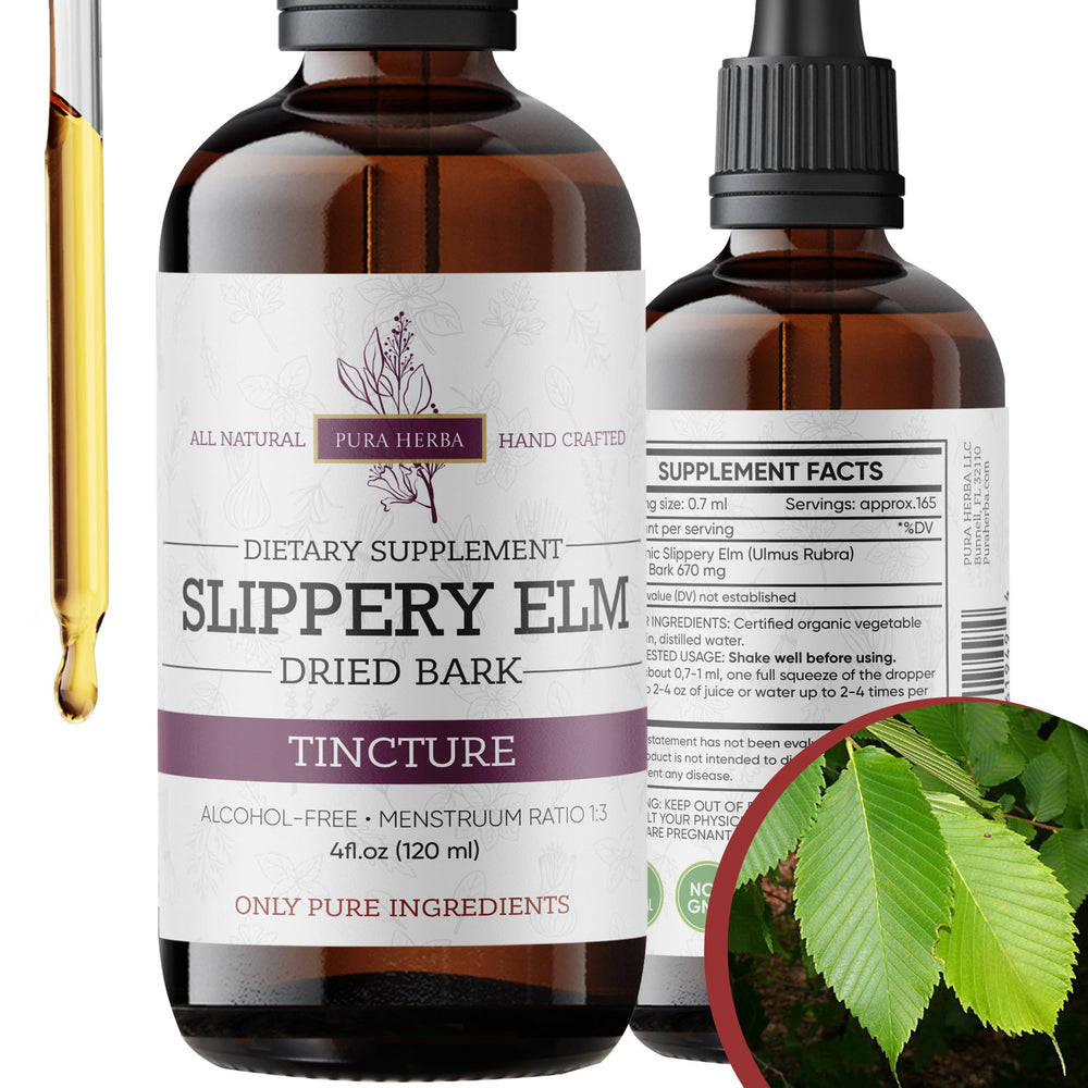 Pura Herba Slippery Elm Tincture bottle with natural mucilage formula for soothing support.