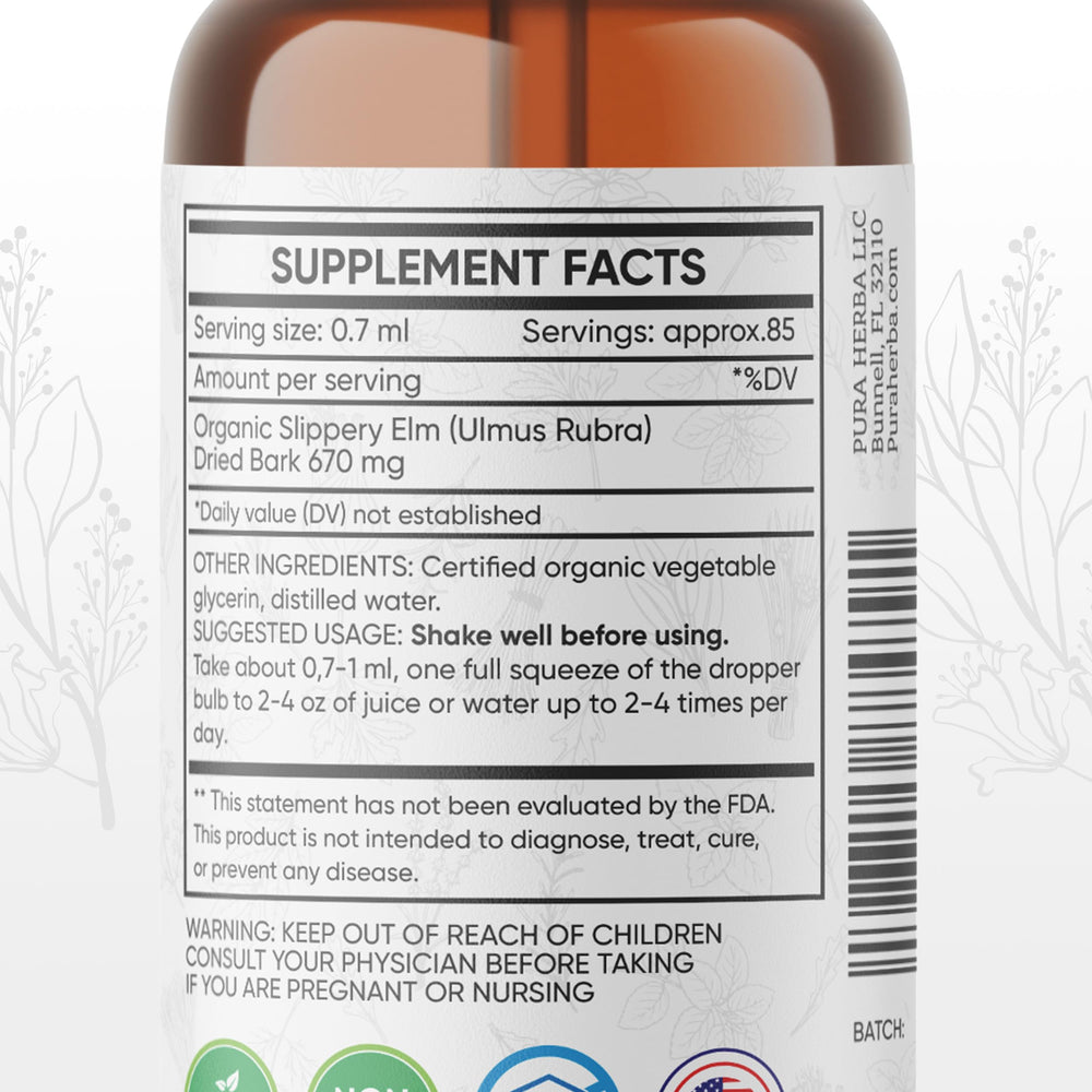 Pura Herba slippery elm tincture dropper showing easy dosing for digestive comfort.