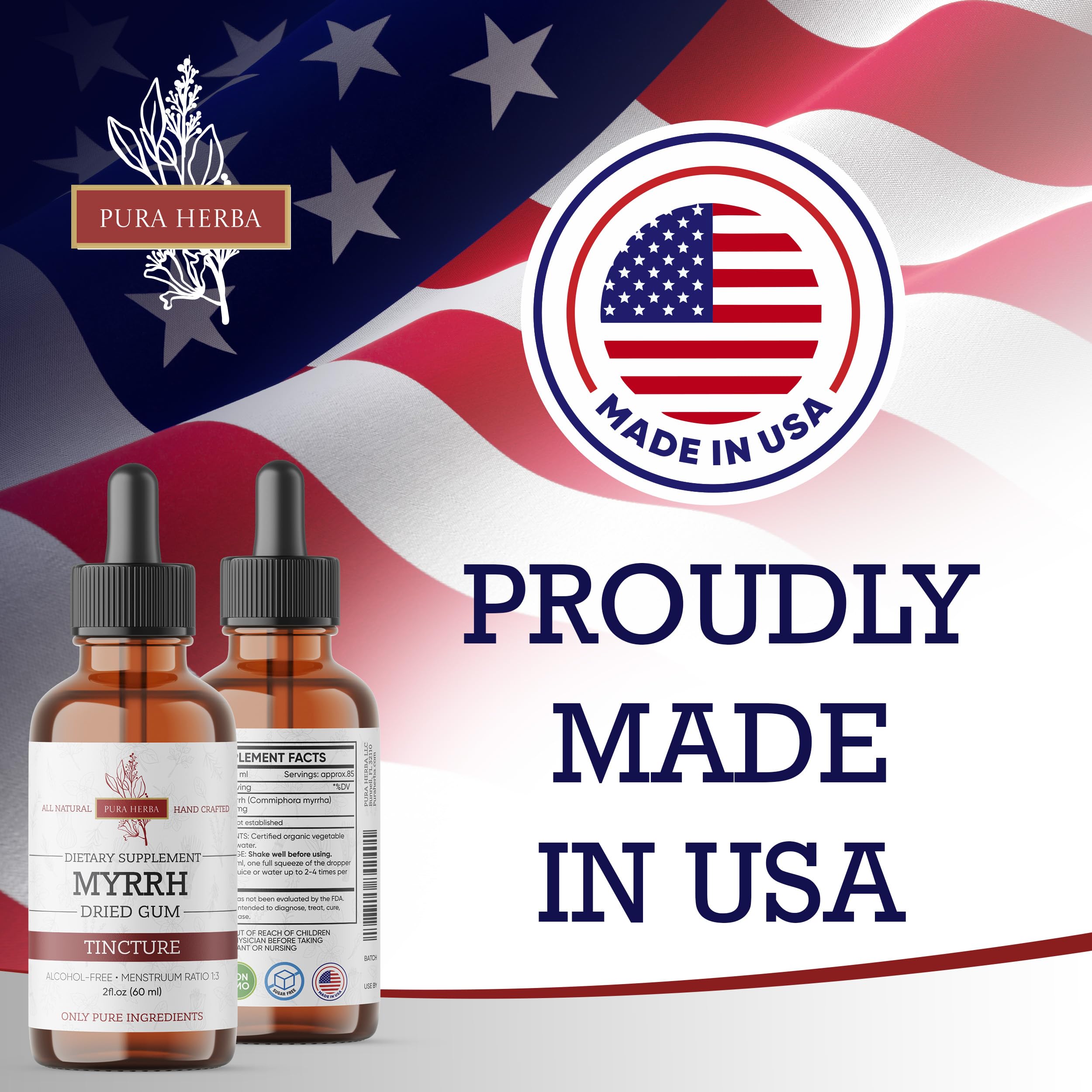 Pura Herba USA-made seal on packaging signals trusted production.