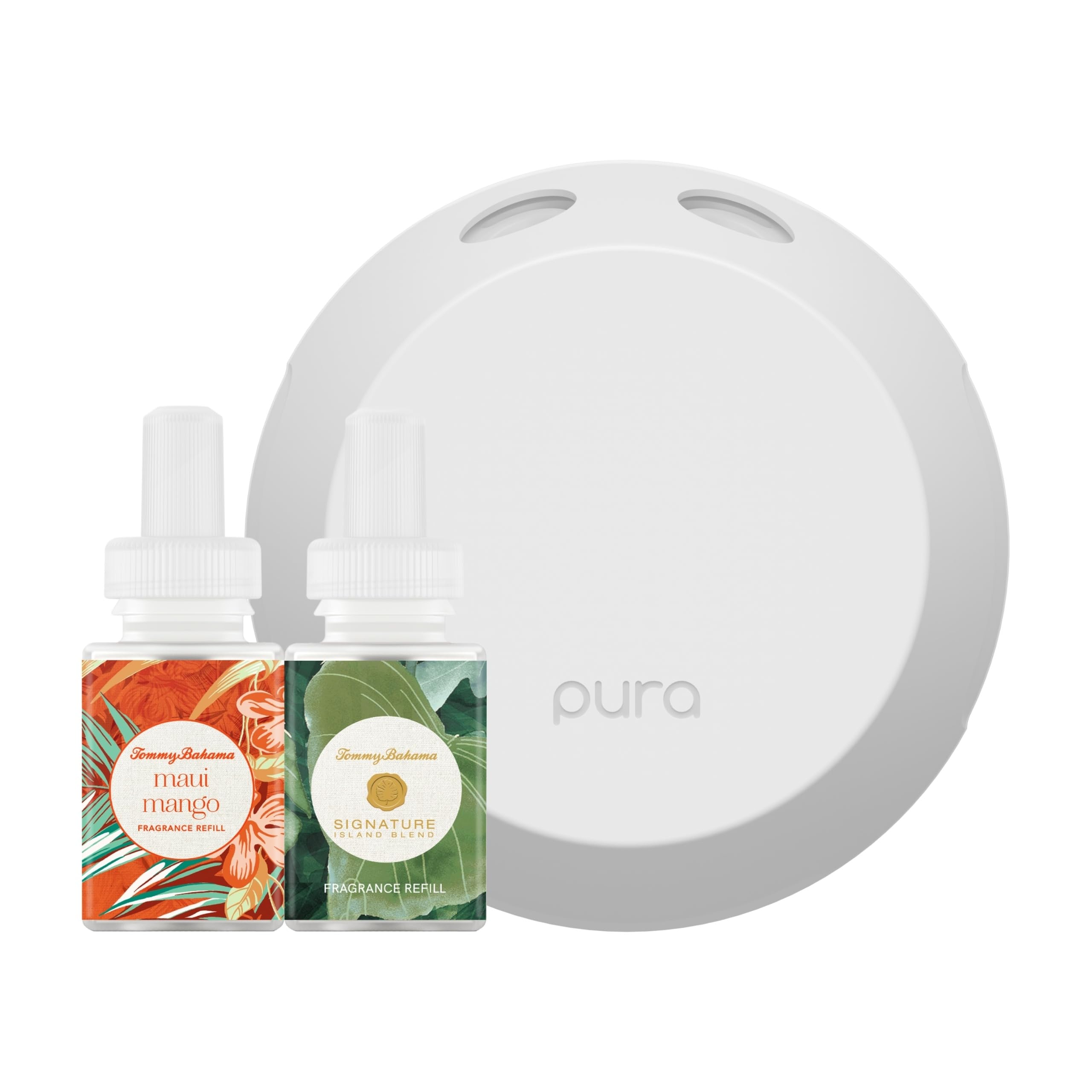 Pura Maui Mango diffuser on table delivering tropical ambience for living spaces.
