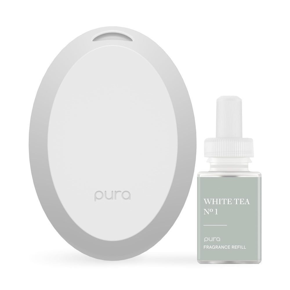 Pura Mini White Tea No.1 diffuser close-up for small-space freshness.