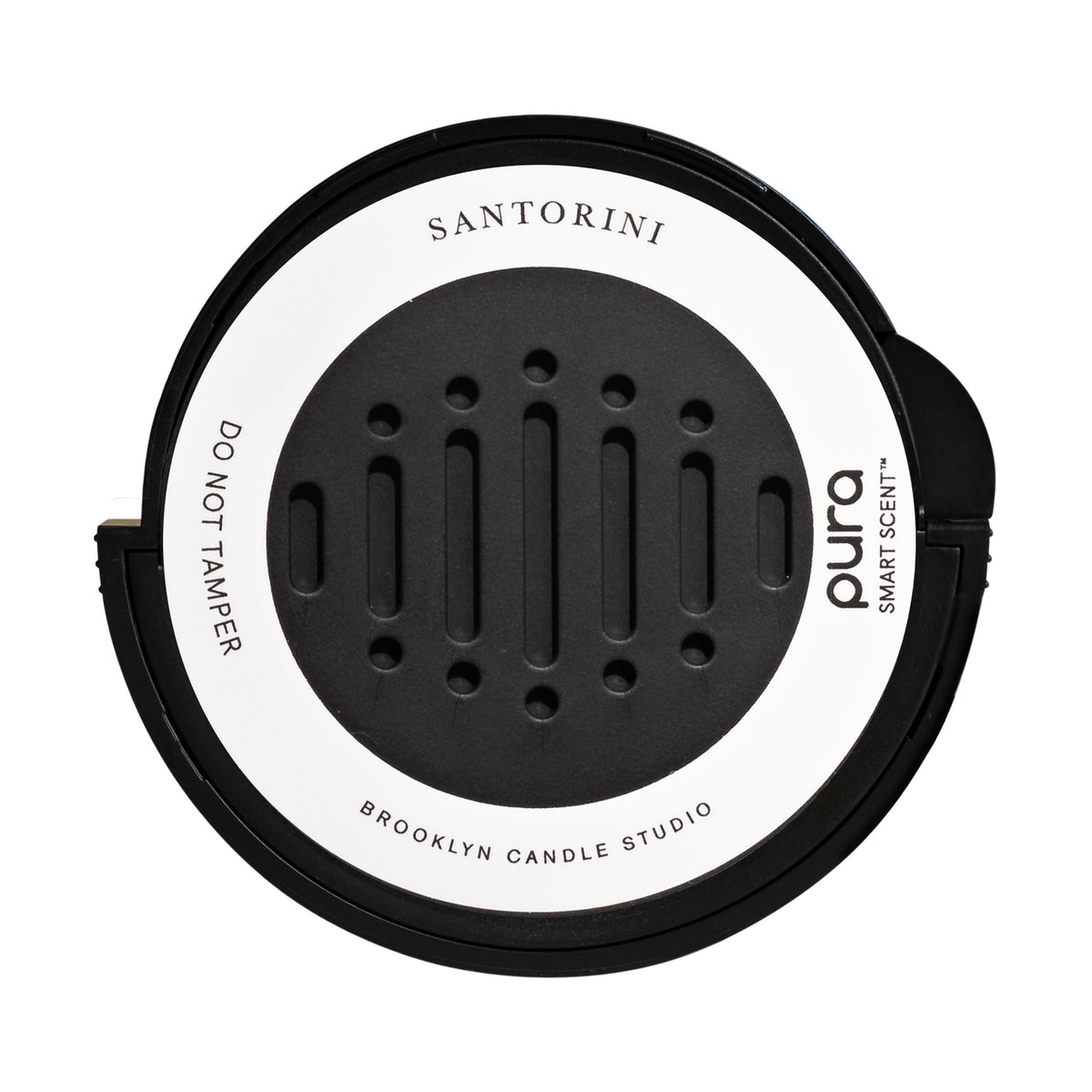 Pura Santorini car refill bottle shown for easy, lasting fragrance on the go.