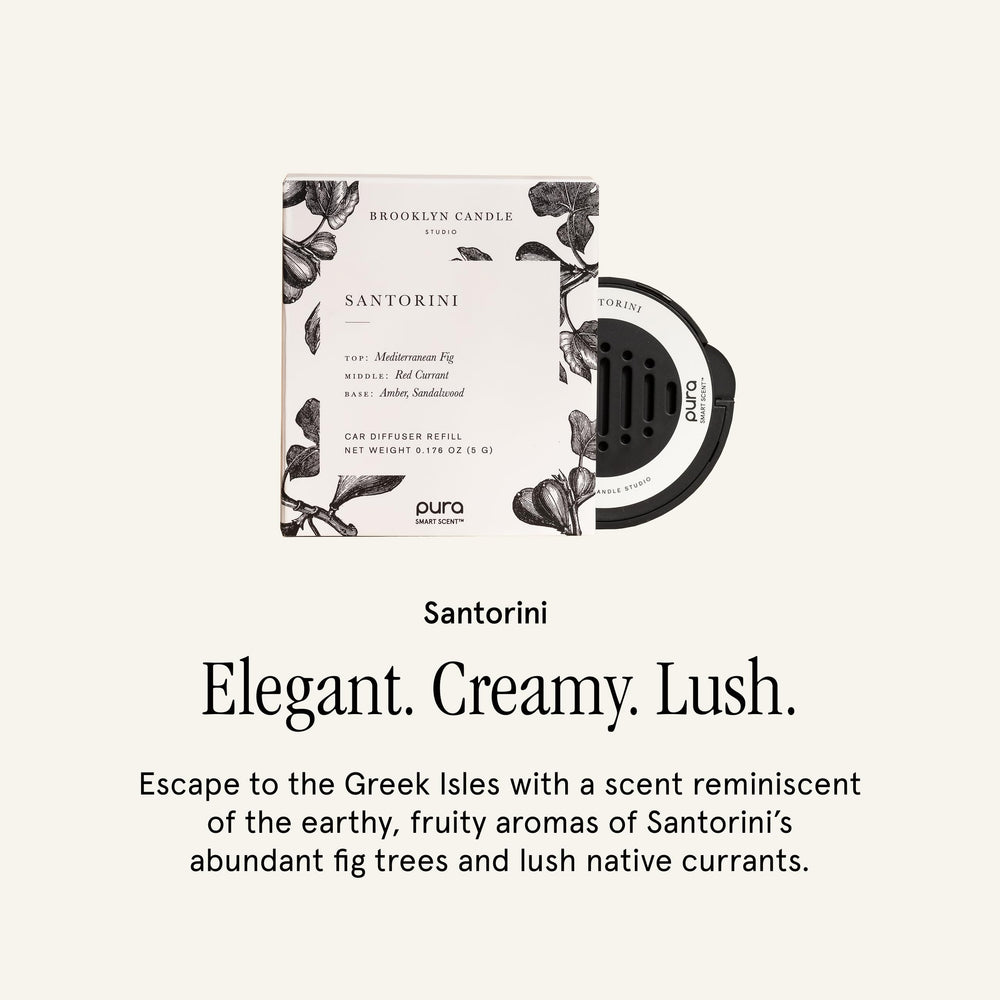 Pura Santorini fragrance notes—fig and red currant—capture a rich in-car ambience.
