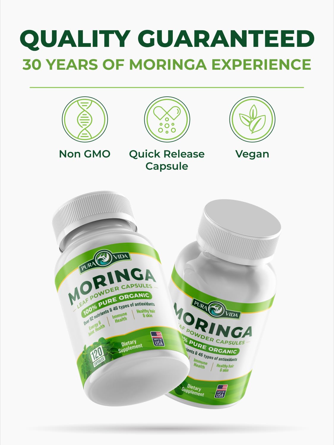 PURA VIDA MORINGA label with organic seal signaling trusted origin
