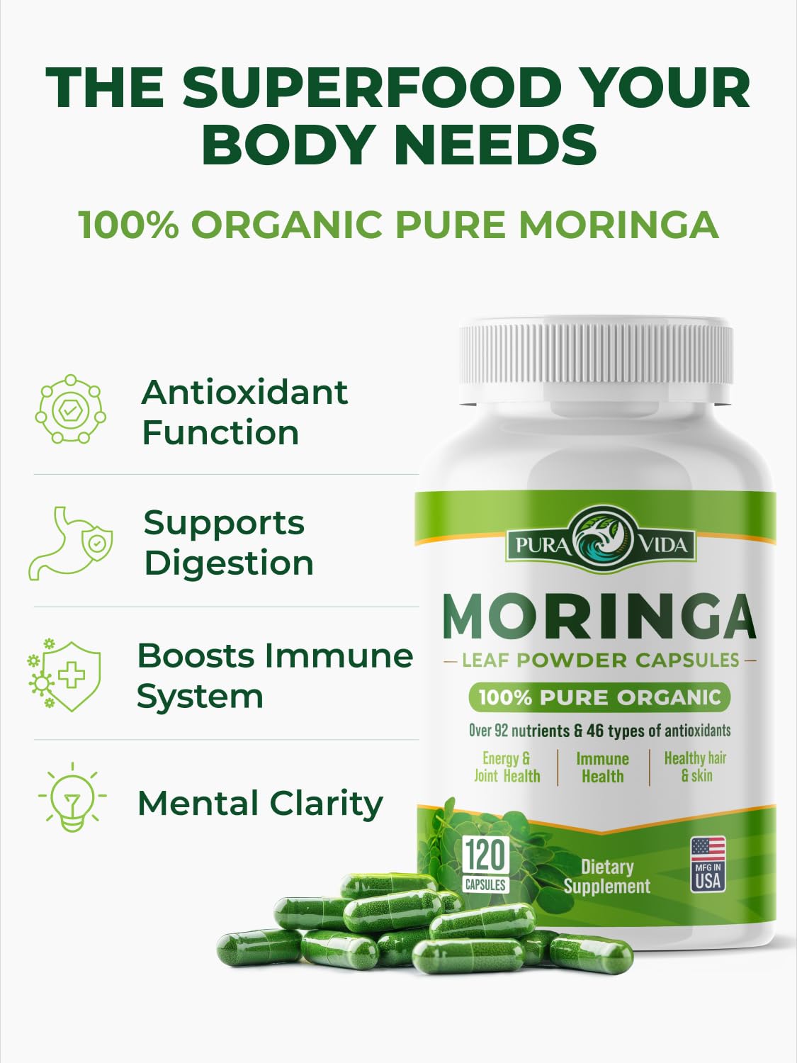 PURA VIDA MORINGA plant leaves image highlighting nutrient-dense origin