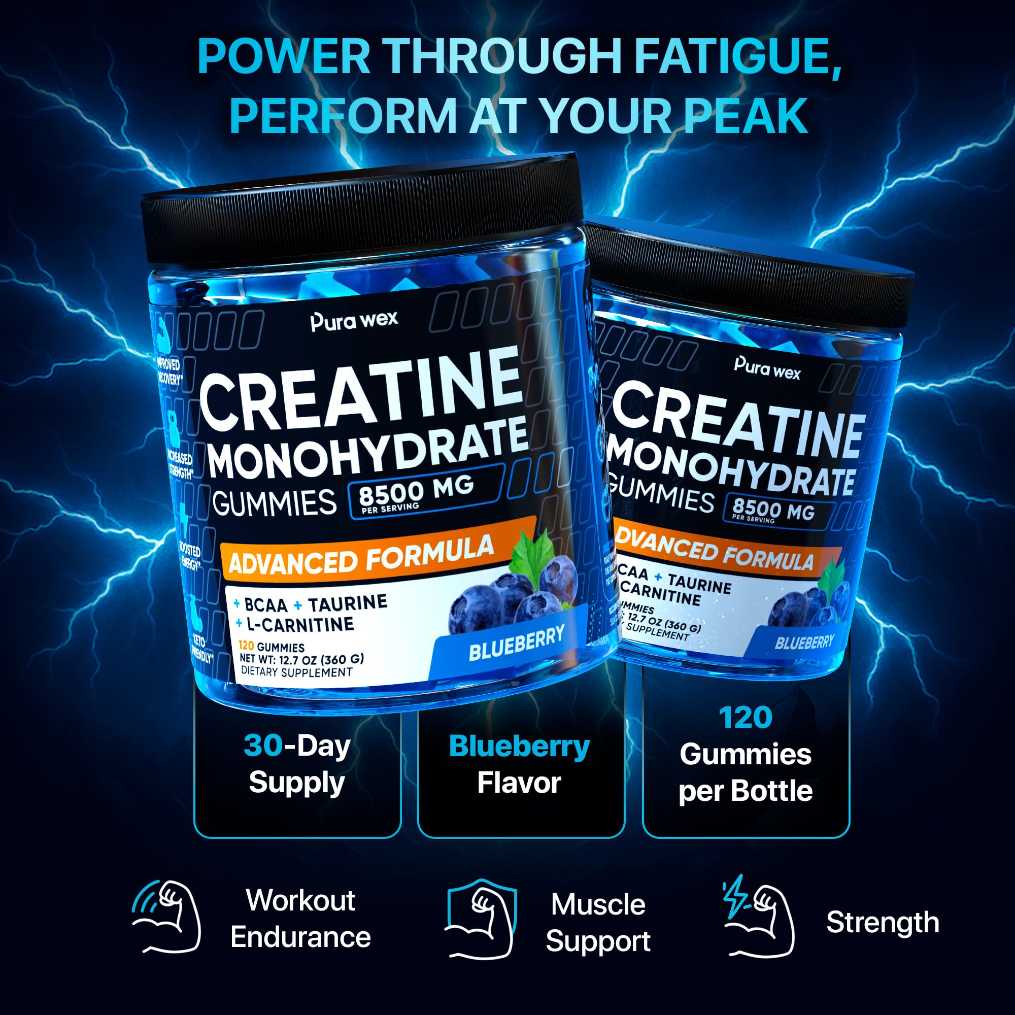 PURA WEX Nutrition creatine-monohydrate gummies blueberry dispense for on-the-go.