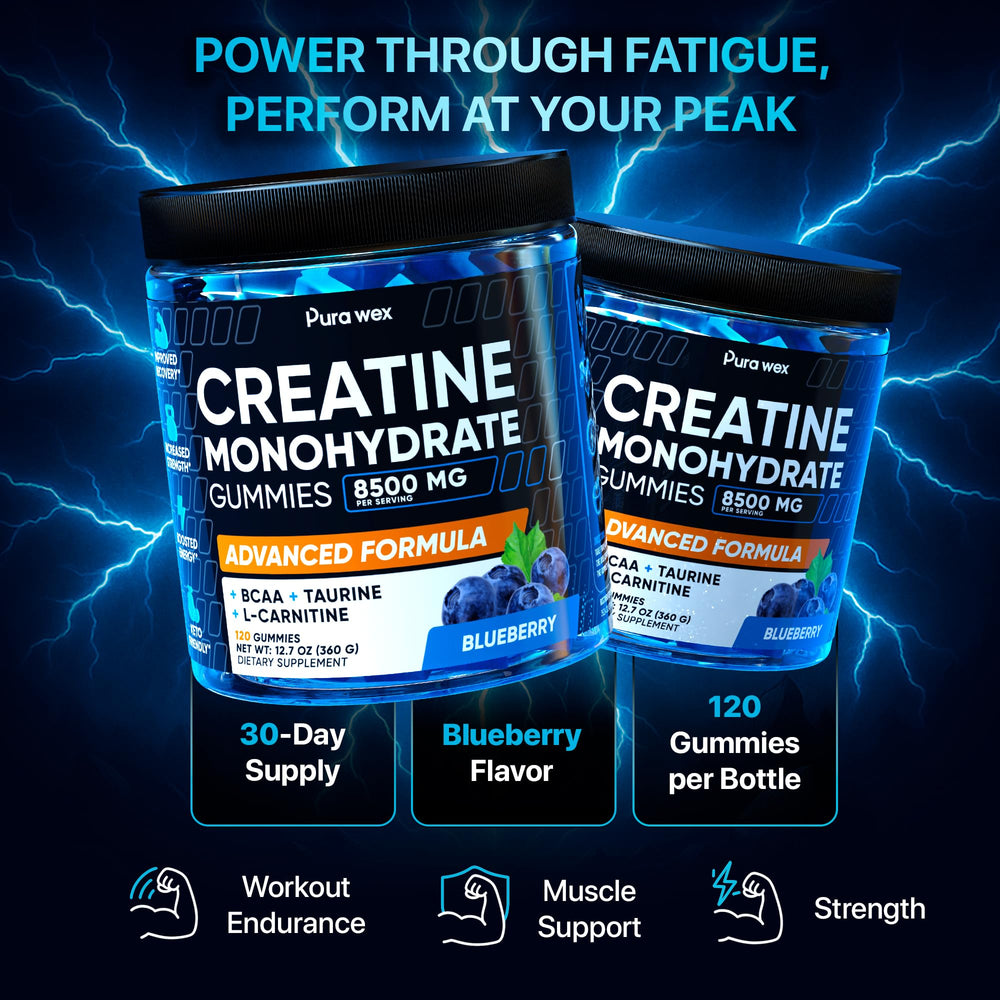 PURA WEX Nutrition creatine-monohydrate gummies blueberry dispense for on-the-go.