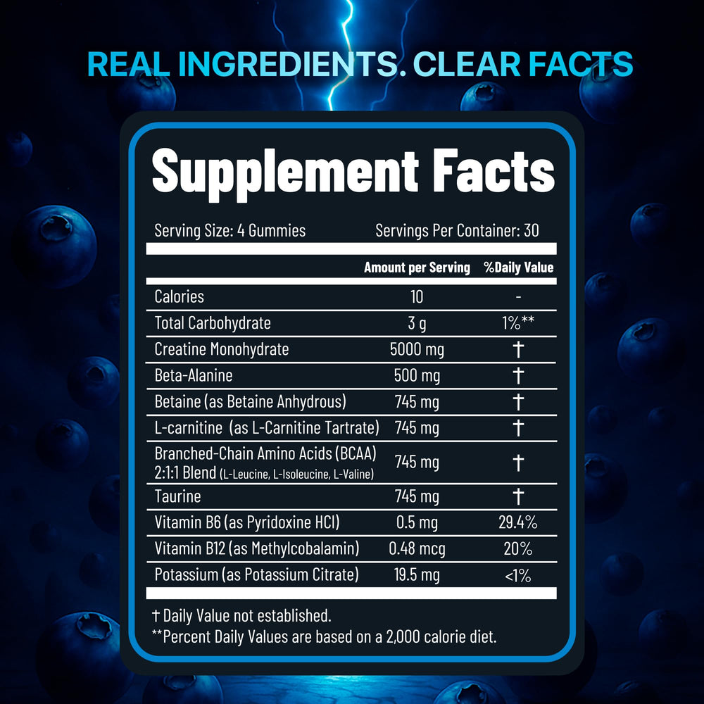 PURA WEX Nutrition creatine-monohydrate gummies blueberry gym-bag shot.