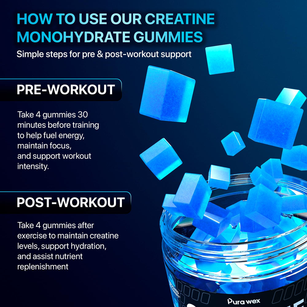 PURA WEX Nutrition creatine-monohydrate gummies blueberry label close-up.