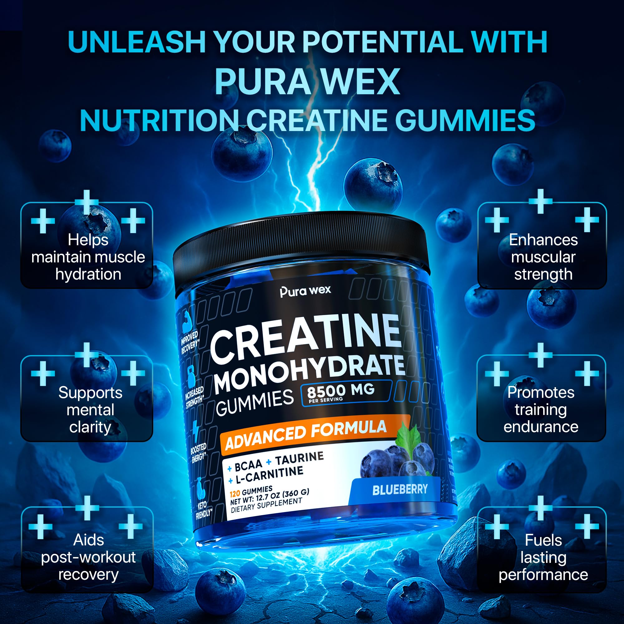 PURA WEX Nutrition creatine-monohydrate gummies blueberry pack close-up.