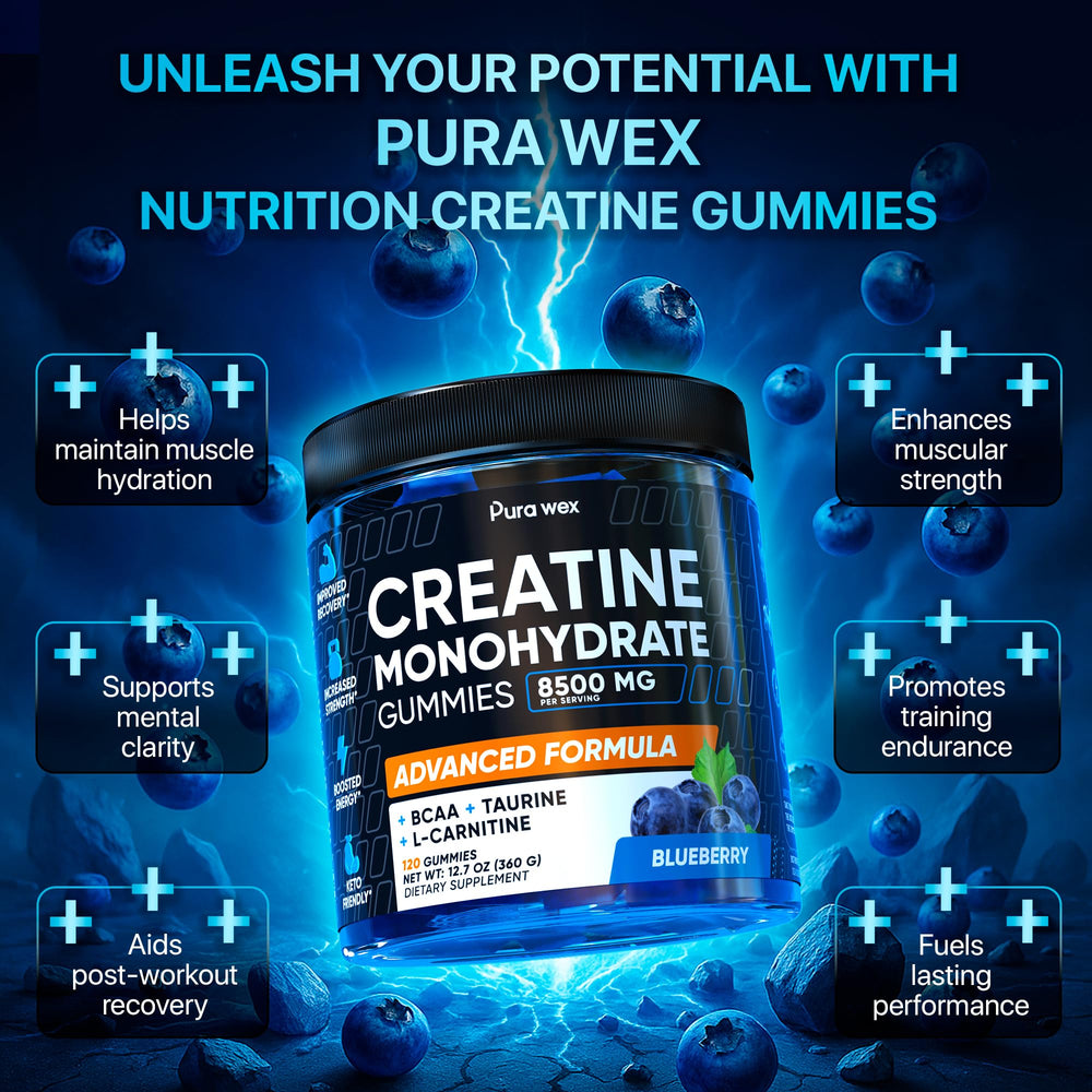 PURA WEX Nutrition creatine-monohydrate gummies blueberry pack close-up.