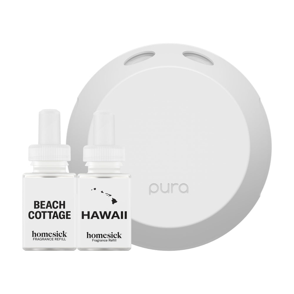 Pura 4 diffuser on table showcasing customizable scent for your living room.